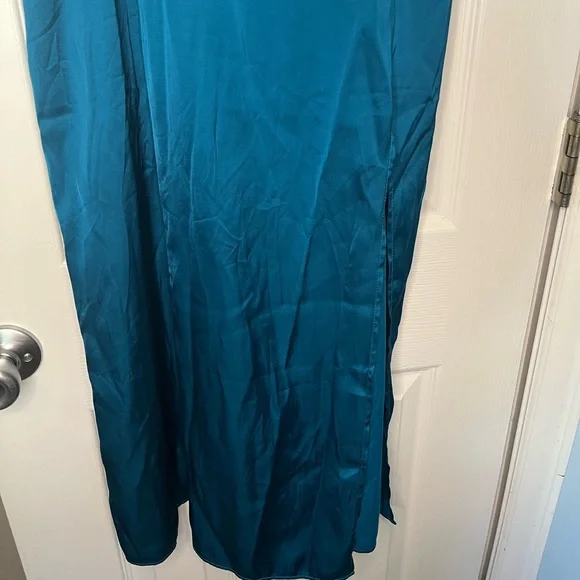 A&F satin high slit midi dress spaghetti strap Camille M party holiday teal - Picture 8 of 11